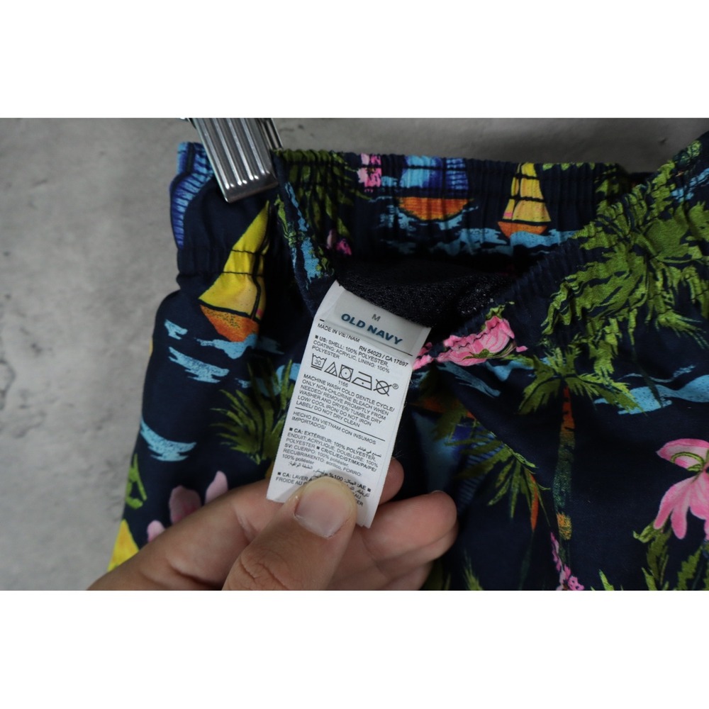 Old Navy Sailboat Tropical Swim Trunks Medium Navy Blue Floral Palm Tree - Picture 3 of 5